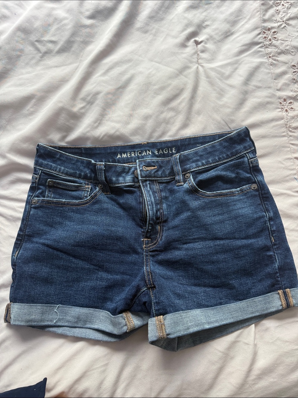 American Eagle Outfitters Dark Blue Roll-Cuff Denim Shorts